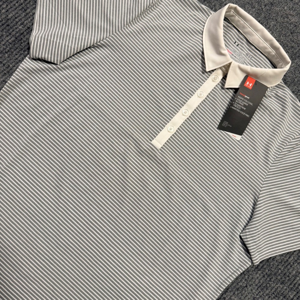 Under Armour Womens HeatGear Striped Golf Polo Shirt Grey White Large NWT